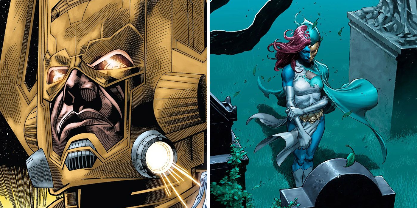 split image of Galactus the Lifebringer and Mystique at Destiny's grave