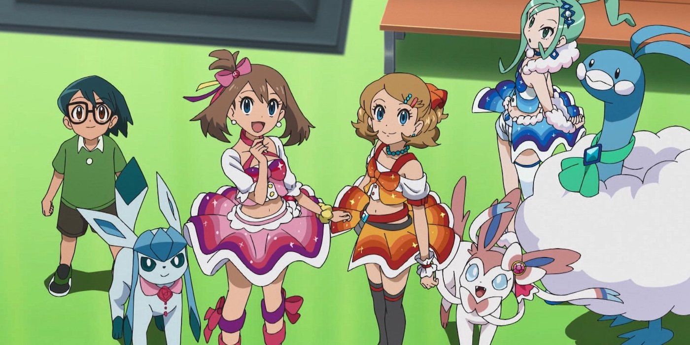 Max, May, and Serena watch Ash in the Masters Eight Finals in Pokémon Journeys.