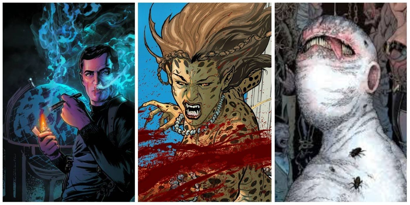 A split image of Maxwell Lord smoking, of Cheetah brutally slashing an enemy, and of The Upside-Down Man licking his teeth in DC Comics