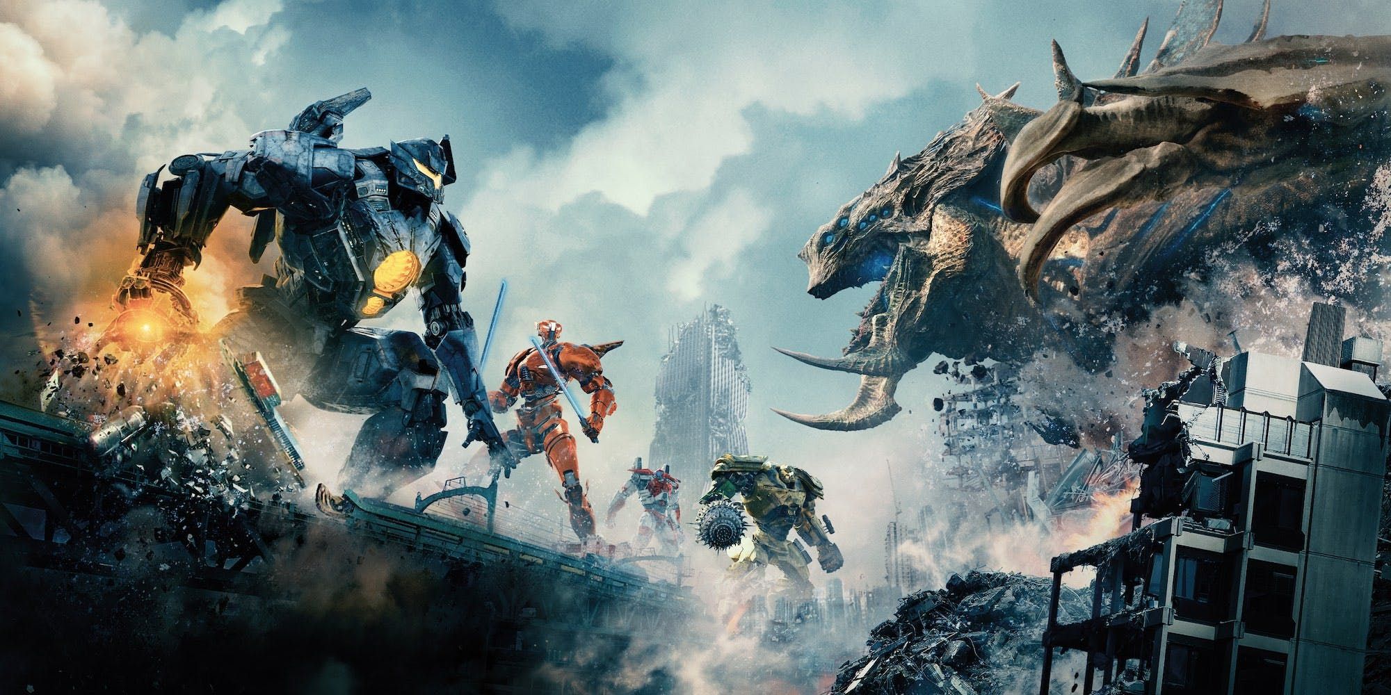 Several Jaeger robots fighting a kaiju in Pacific Rim movie