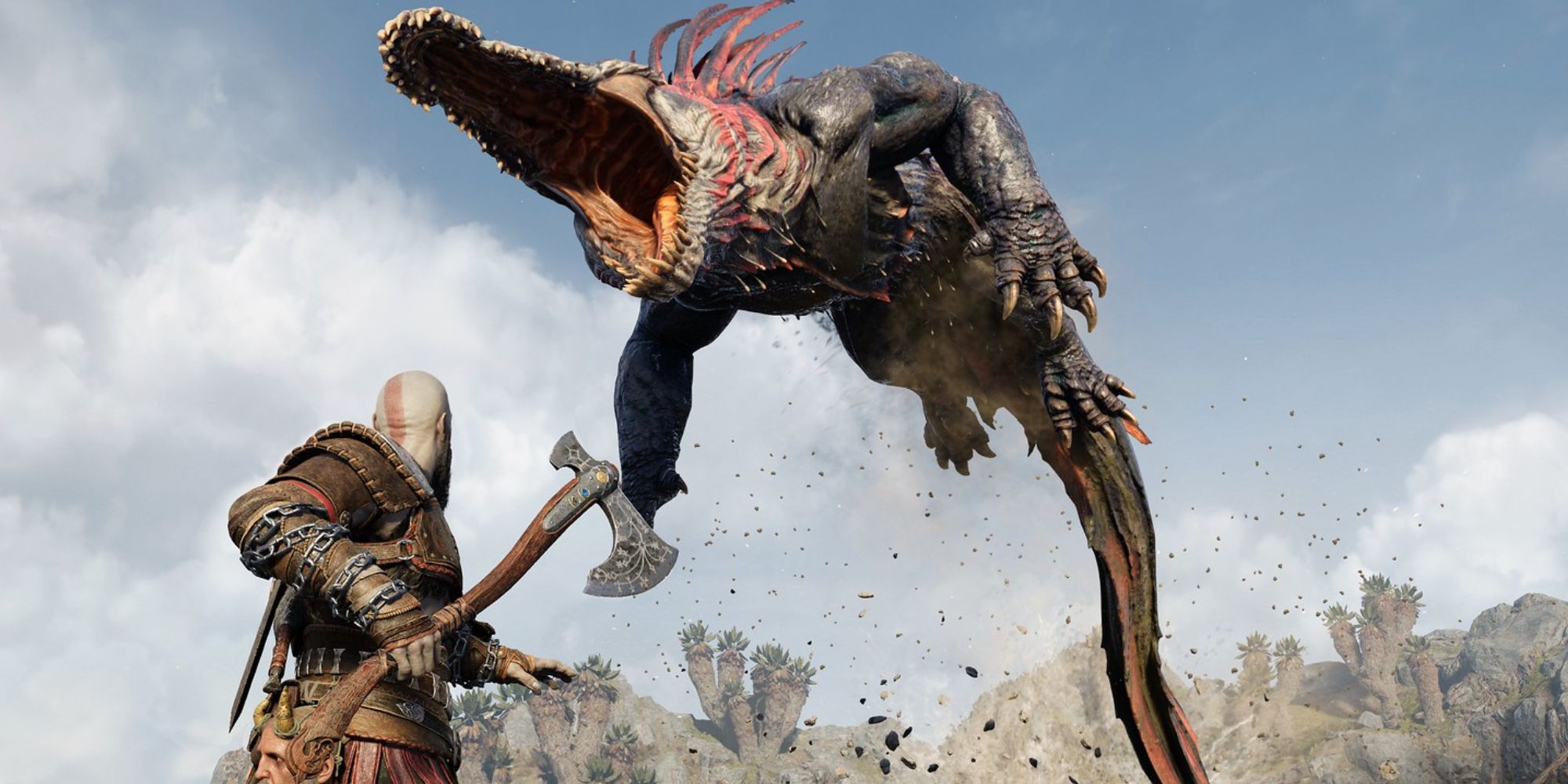 Kratos fights a giant electric crocodile Mini Boss in God of War Ragnarok