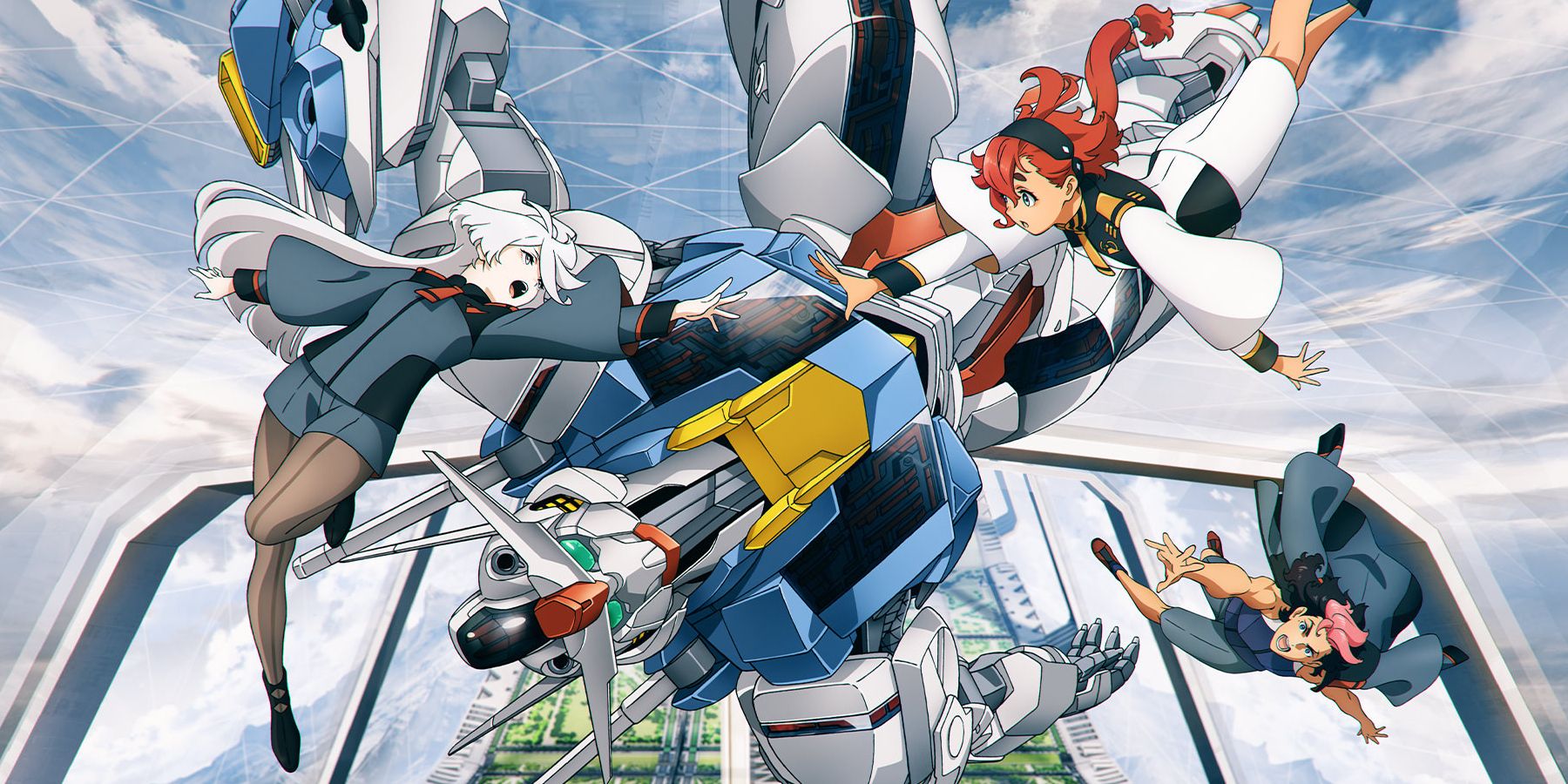 Miorine Rembran, Selutta Mercury, Guel Jeturk, and Selutta's  XVF-016 Gundam Aerial in the sky in Mobile Suit Gundam The Witch From Mercury.