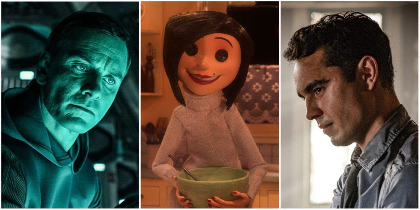 A split image showing Michael Fassbender as David in Alien: Covenant, the Other Mother in Coraline, and William Schenk in Spiral