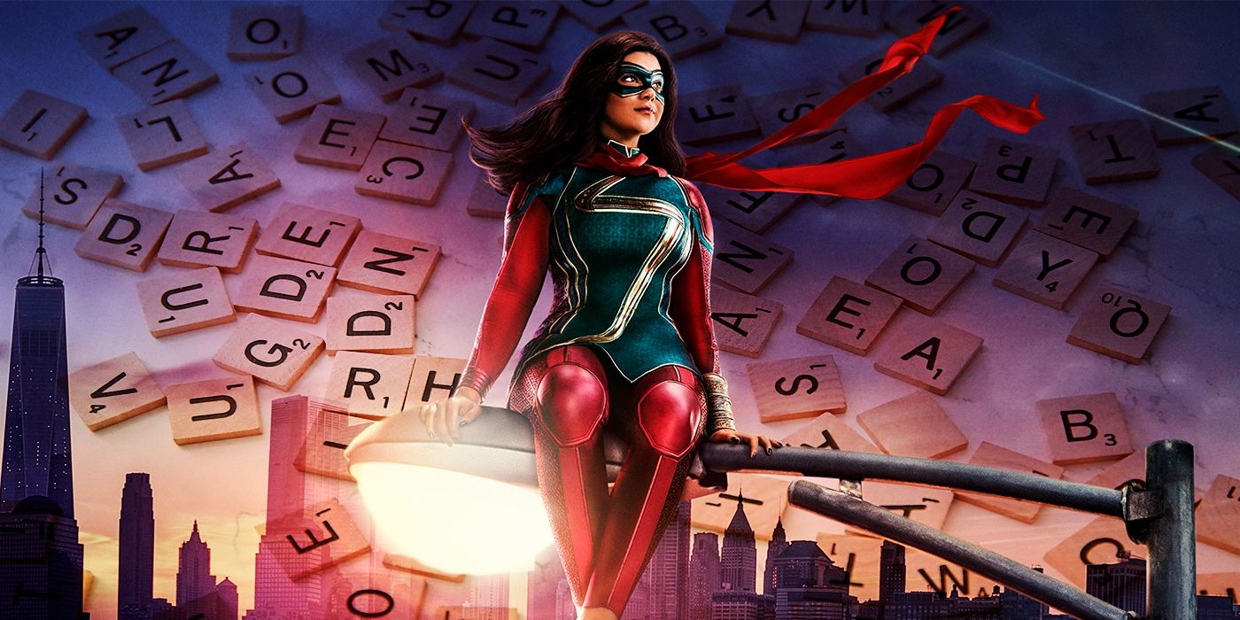 Iman Vellani as Ms.Marvel sitting on a streetlight, in front of Scrabble pieces. 
