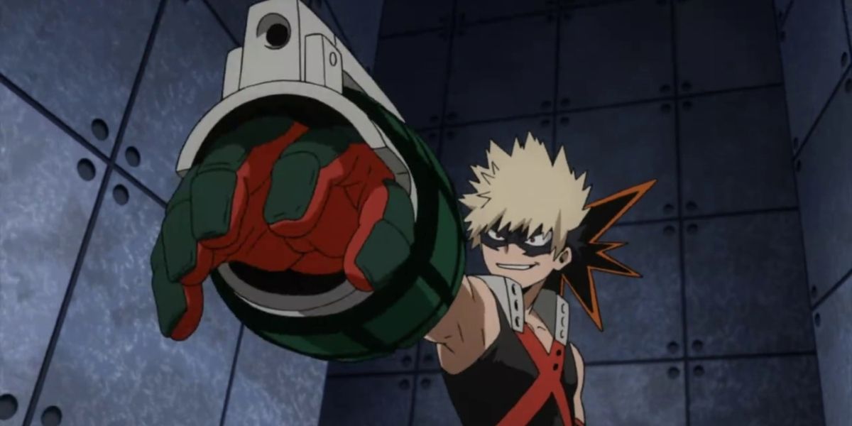 Bakugo wearing his gauntlet and stretching his hand in My Hero Academia.