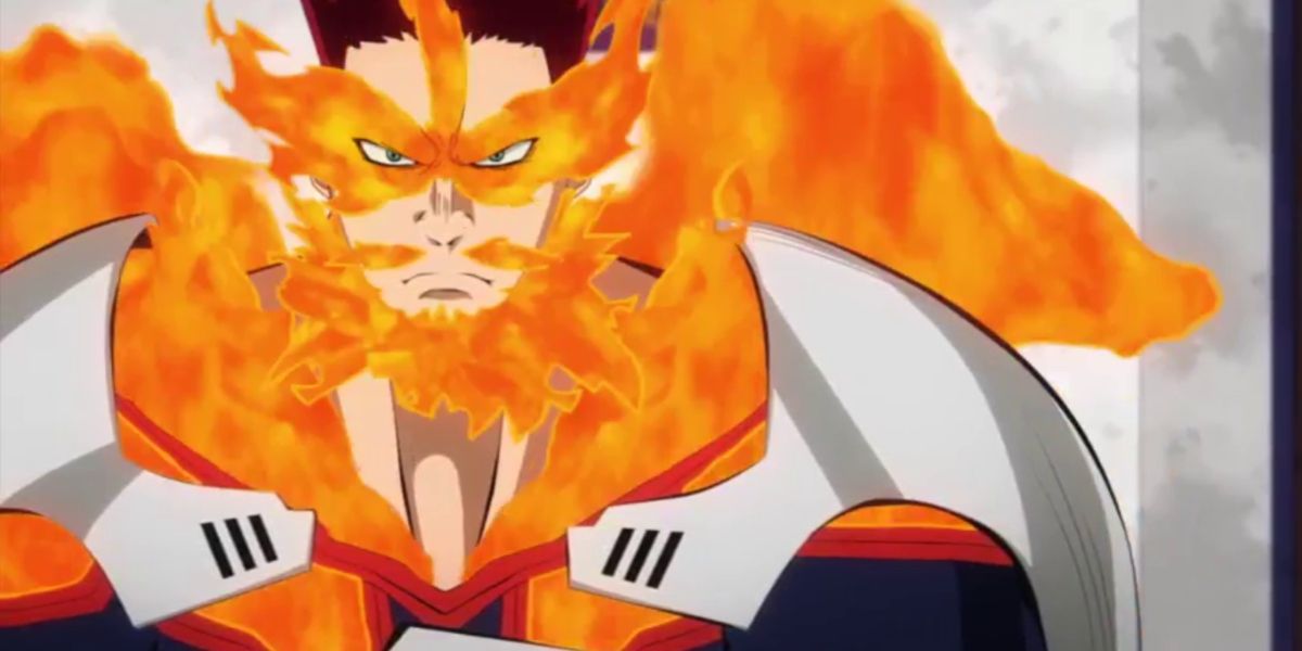 Endeavor covered in flames in My Hero Academia.