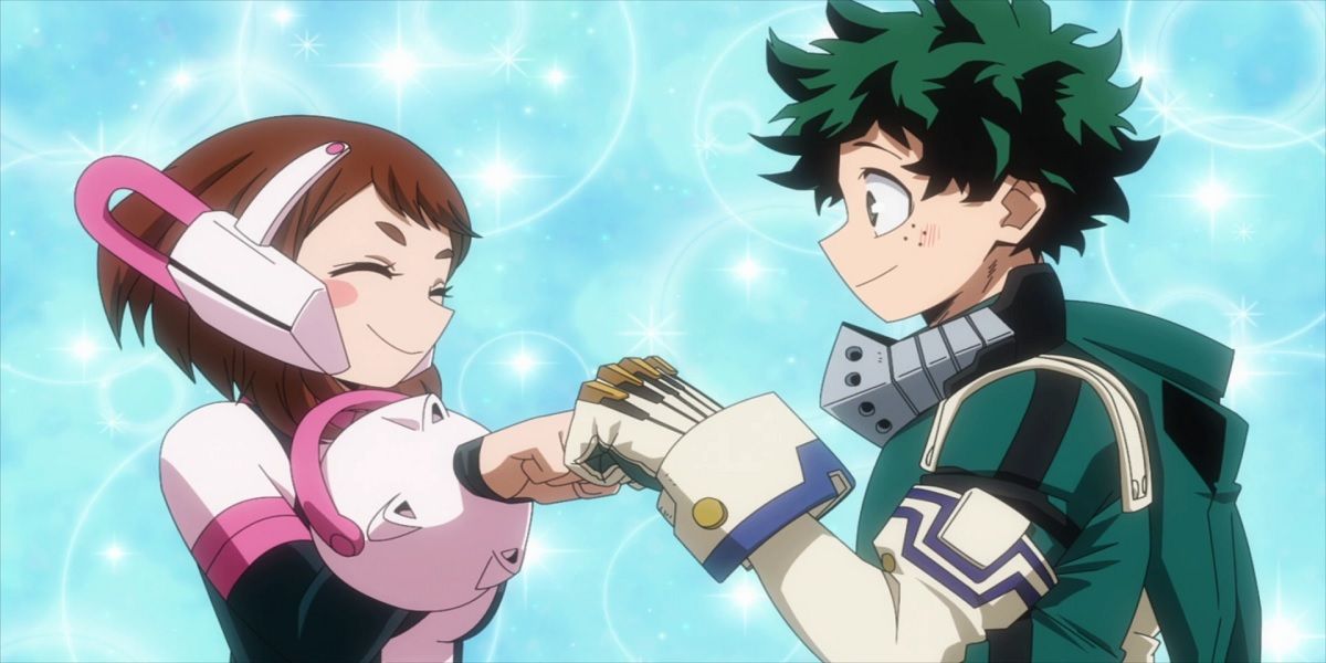 Ochaco and Deku bump fists together in My Hero Academia