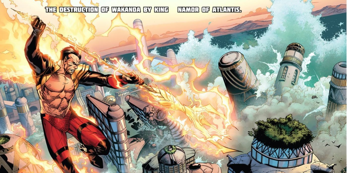 A flying Namor uses the Phoenix Force to send a massive tidal wave through Wakanda, destroying many buildings
