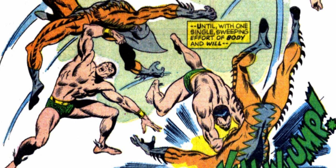 Namor throws Tiger Shark onto the ground