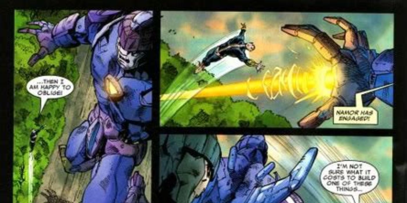 Namor flies at a Sentinel as it shoots a laser blast at him