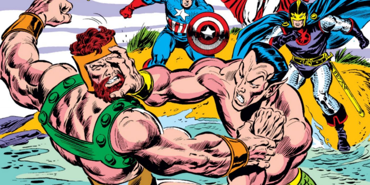 Namor and Hercules grapple while Black Knight and Captain America look on