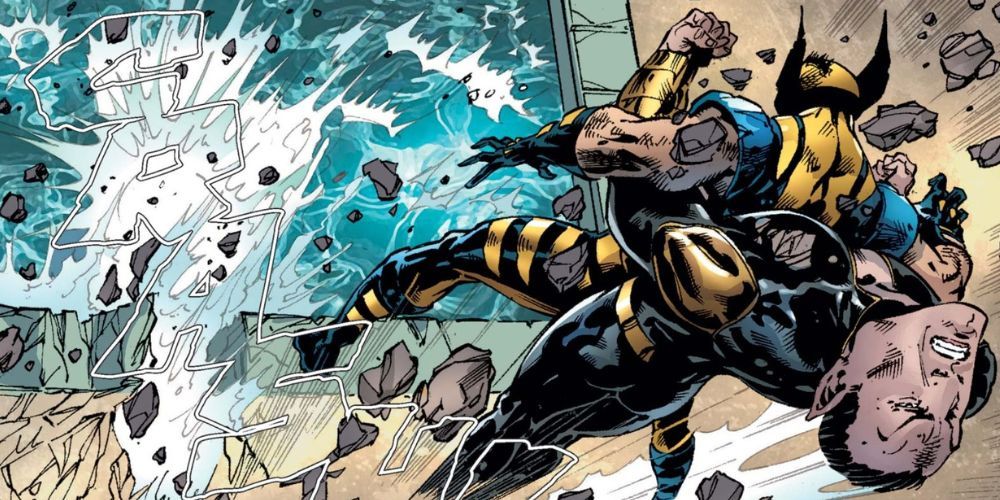 Namor launches from the water, preparing to slam Wolverine into the ground in Marvel Comics