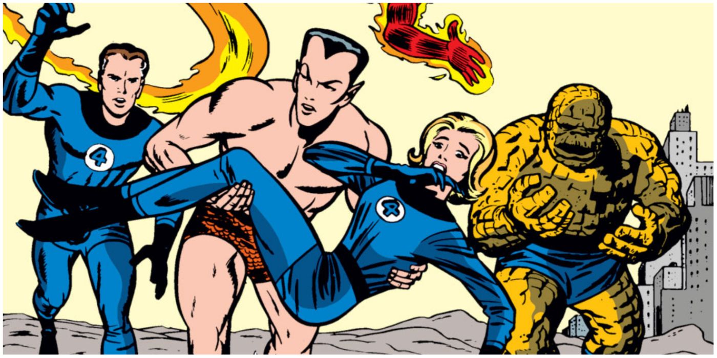 Namor holding Sue Storm and being chased by the Fantastic Four on Jack Kirby's cover of Fantastic Four #4