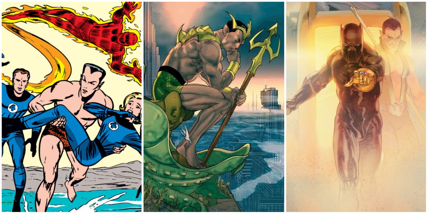 Namor running from the Fantastic Four, Namor sitting on a perch infront of a drowned city, and Namor with Black Panther pointing the Infinity Gauntlet in side by side images in Marvel comics