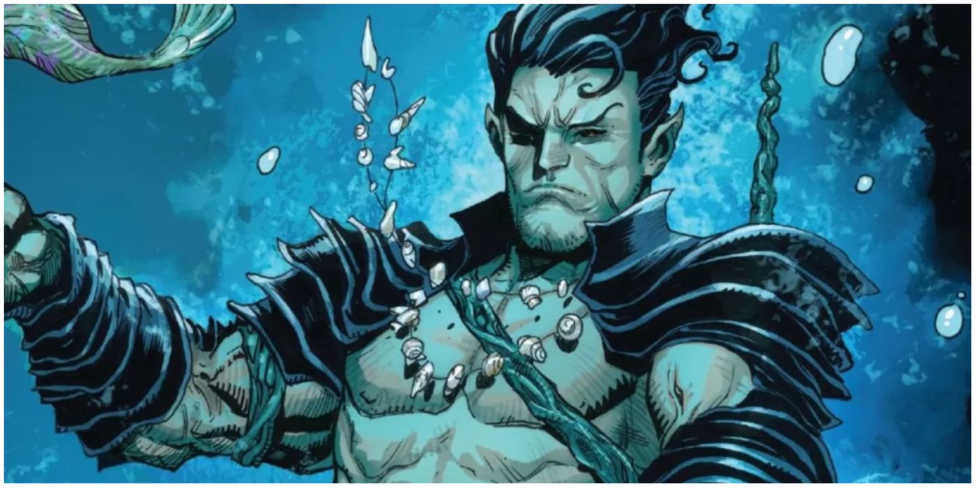 Namor wearing shoulder plates and sitting on his throne in Marvel comics