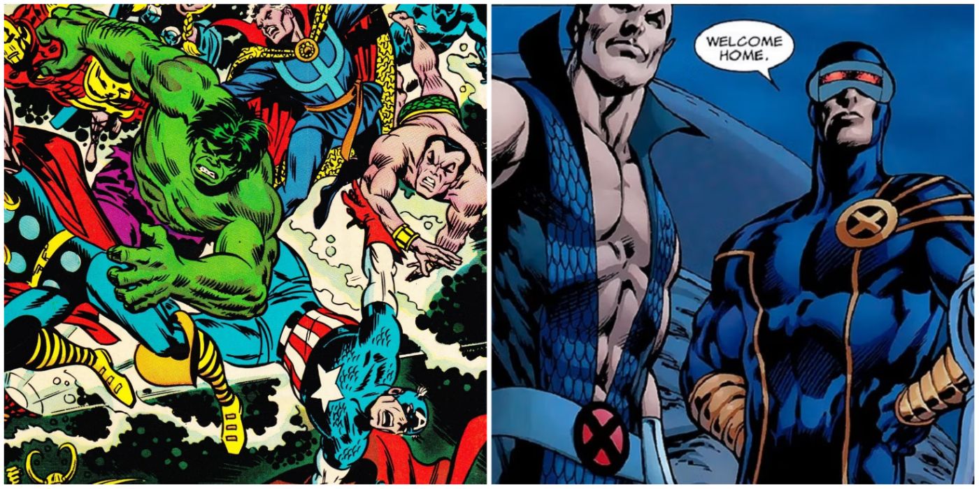 Namor with the Avengers and Namor talking to Cyclops in side by side images in Marvel comics
