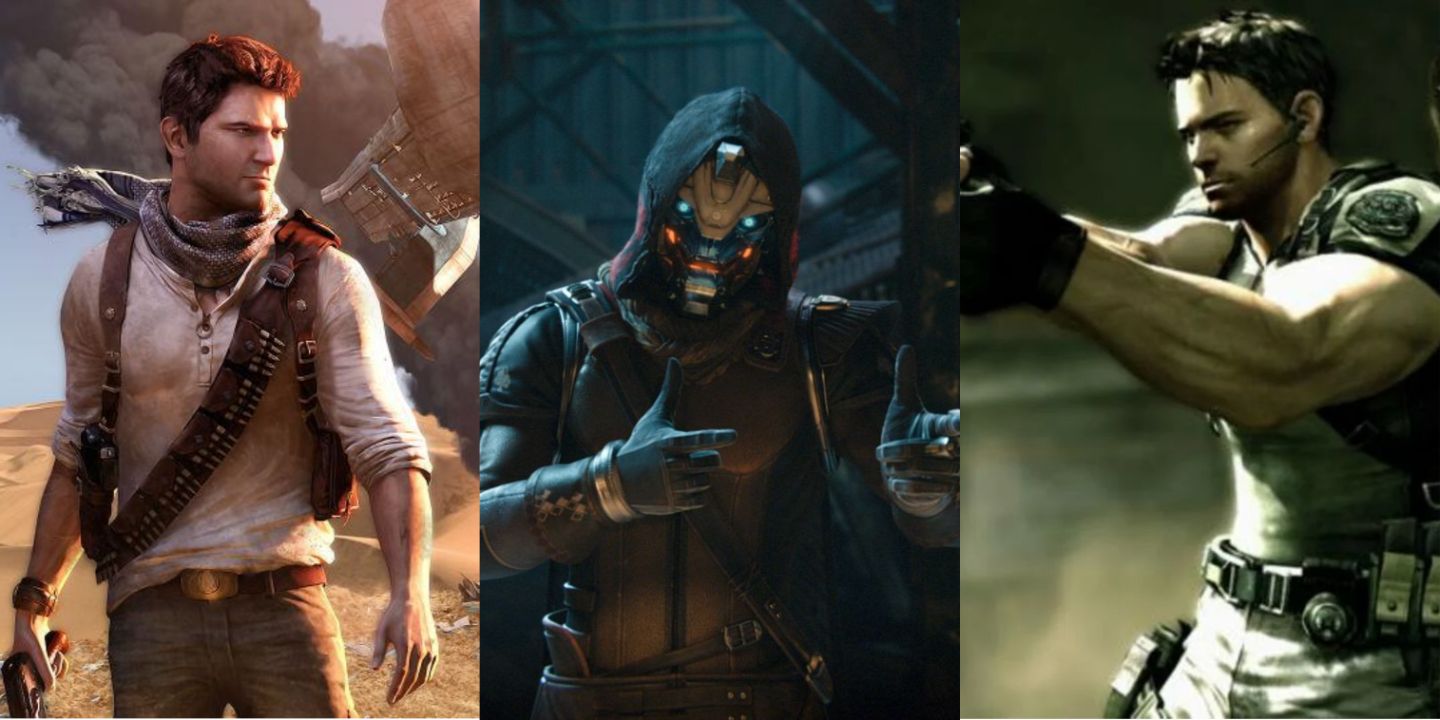 A split image of Nathan Drake in the Uncharted games, Cayde-6 in Destiny, and Chris Redfield in RE5