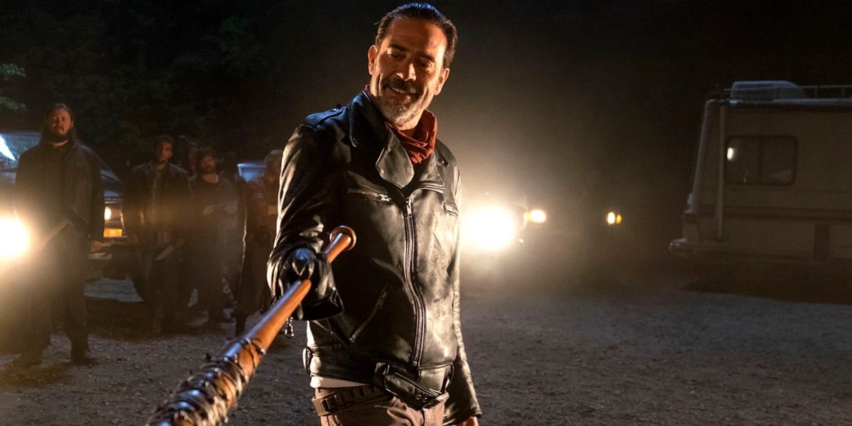 Negan threatens Rick and his group with his bat in The Walking Dead