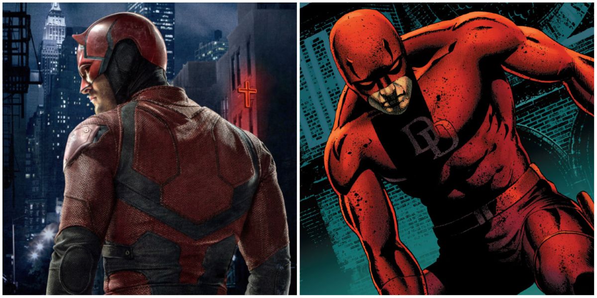 A split image of Charlie Cox as Netflix's Daredevil and Daredevil's red costume in Marvel Comics