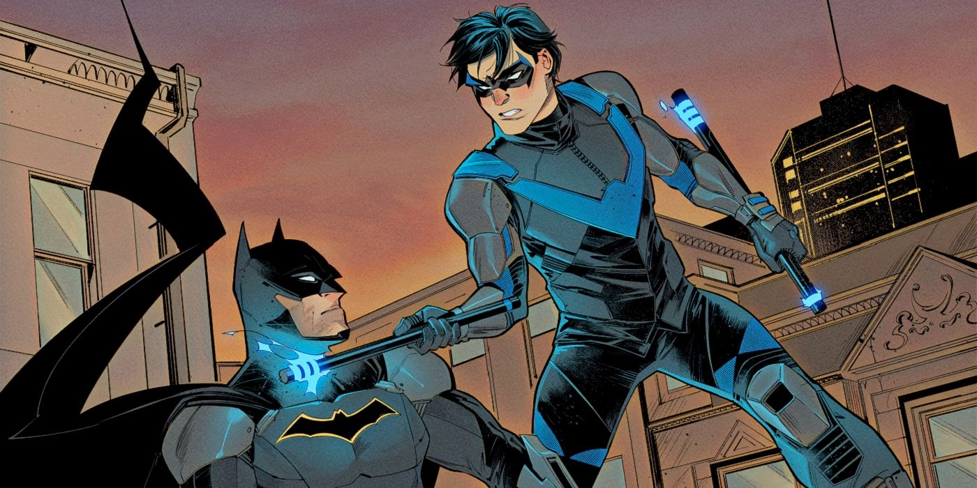 Nightwing holding the escrima stick to Batman's throat in Batman Gotham Knights Gilded City #2