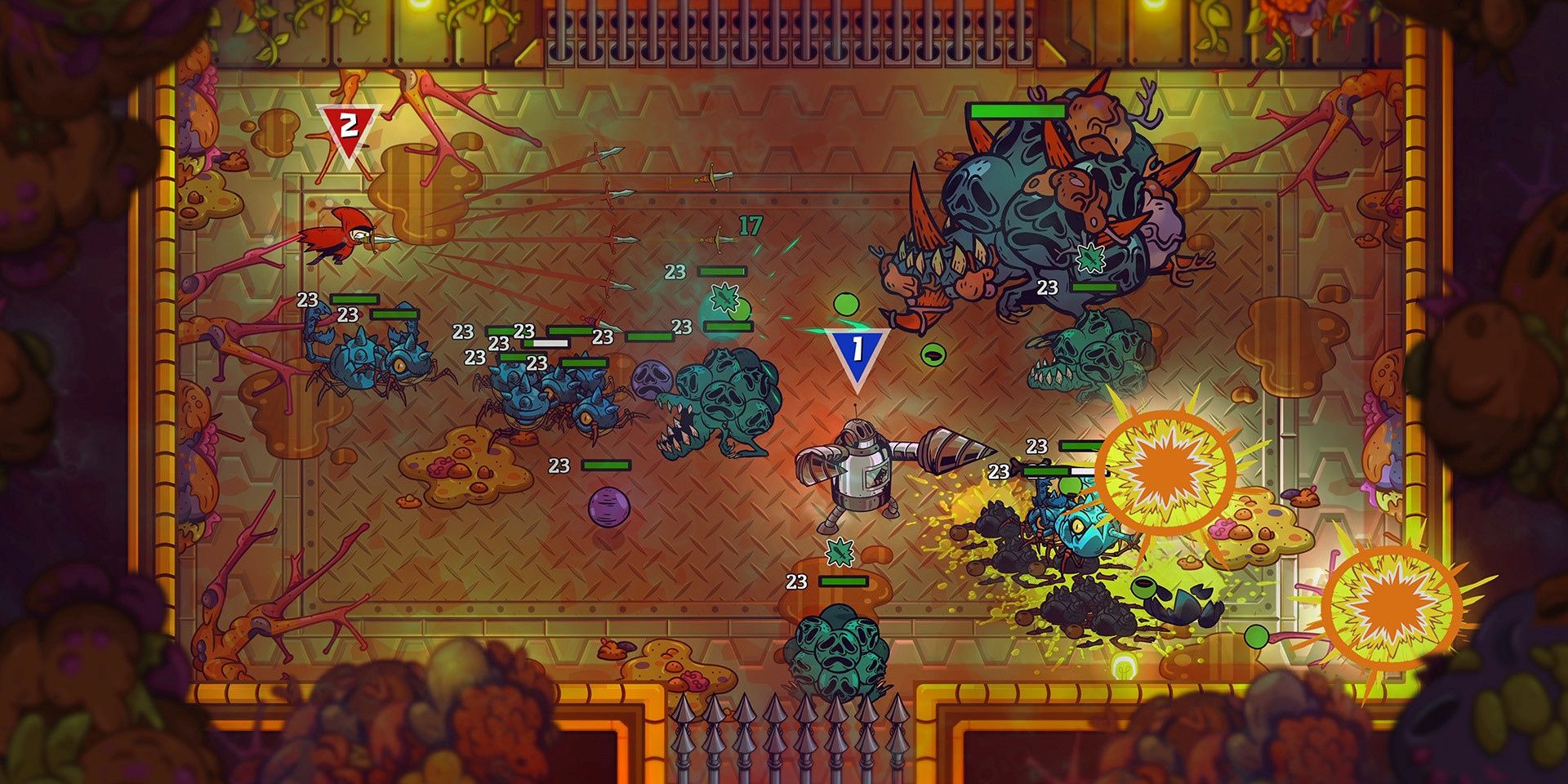 Two players battle a hoard of enemies in a dungeon room in Nobody Saves The World