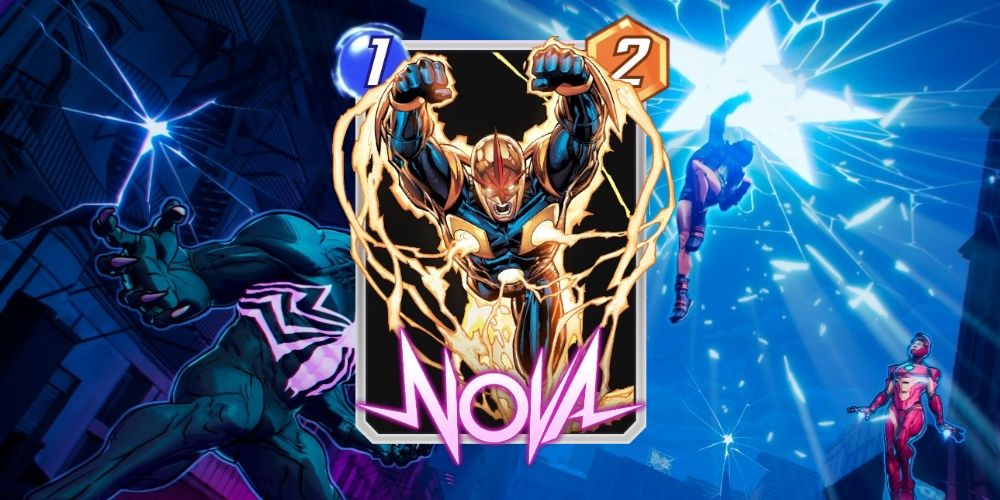 Nova card from Marvel Snap on top of promotional art.