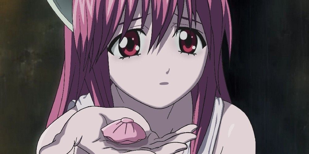 Lucy/Nyu holds out a pink seashell in Elfen Lied