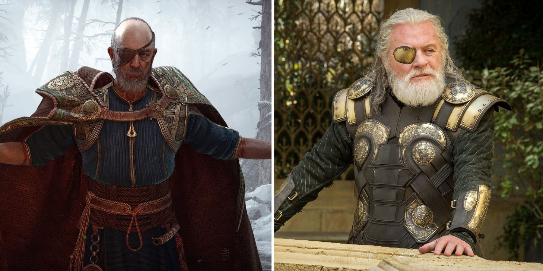 Odin introduces himself to Kratos at Kratos' home in God of War Ragnarok while Odin is standing at a balcony in Thor