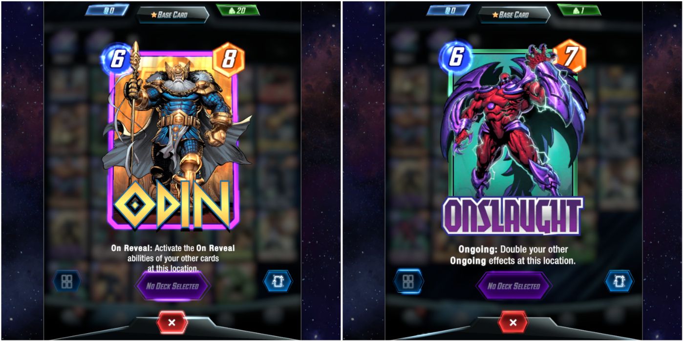 The Odin and the Onslaught card in Marvel Snap on top of promotional art in a split image