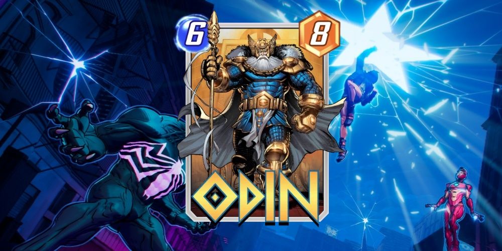 The Odin card in Marvel Snap on top of promotional art for the game.