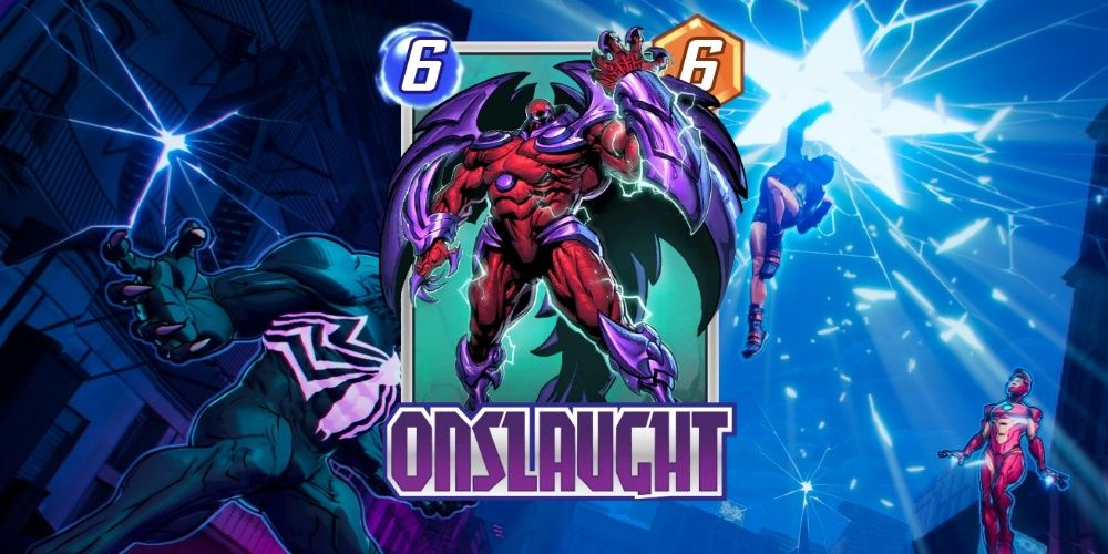 The Onslaught card in Marvel Snap on top of promotional art for the game