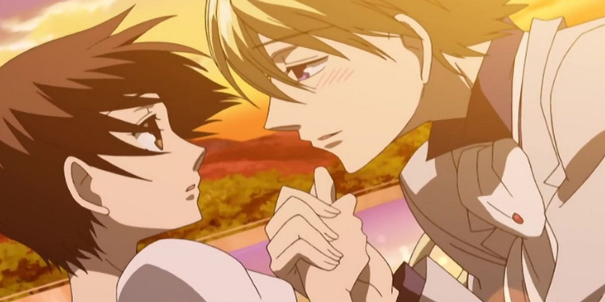 Haruhi and Tamaki holding hands in Ouran High School Host Club.