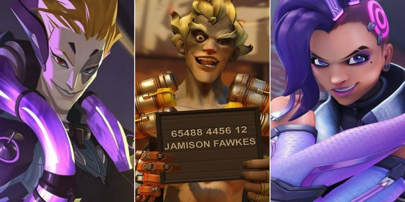 A split image of creepy characters from Overwatch, including Moira, Junkrat, and Sombra