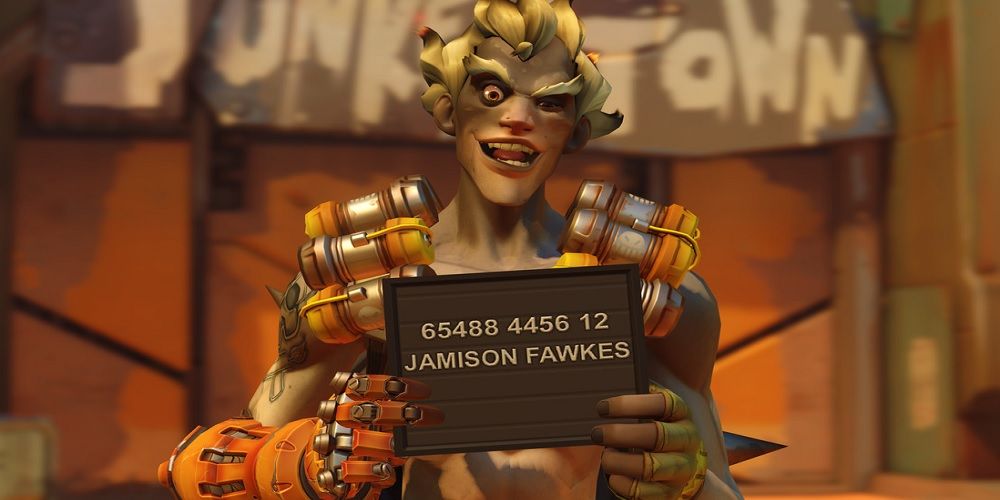 An image of Junkrat holding a sign with his name on it in Overwatch