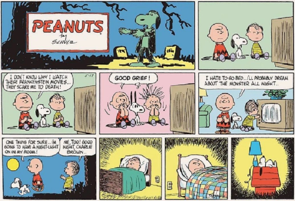 Charlie Brown, Linus, and Snoopy scared by a horror movie in Peanuts
