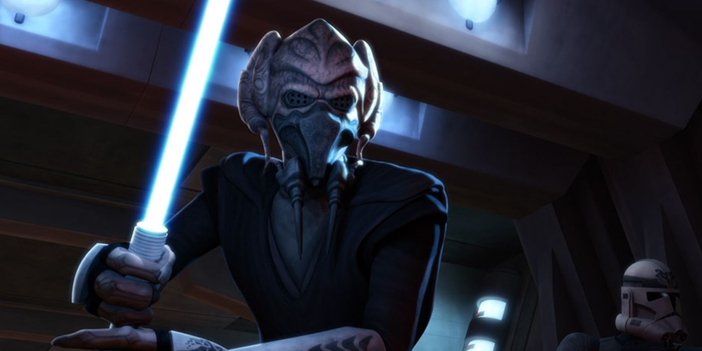 Plo Koon holding his lightsaber in Star Wars The Clone Wars