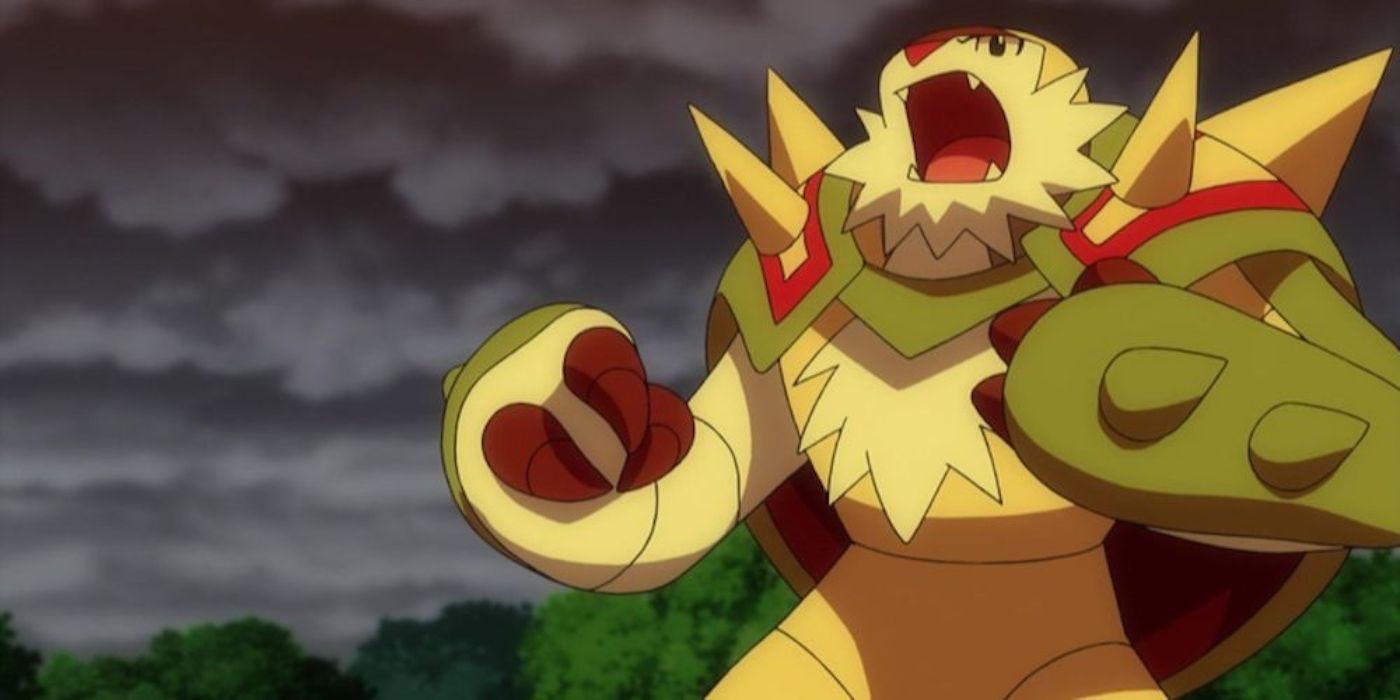 A Chesnaught roaring in the Pokemon anime