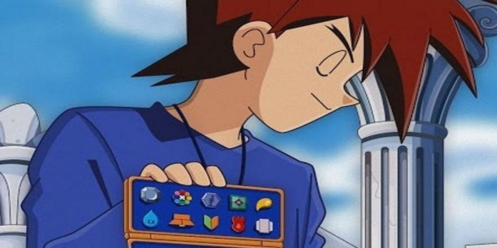 Gary Oak showing off his various gym badges from Classic Pokemon