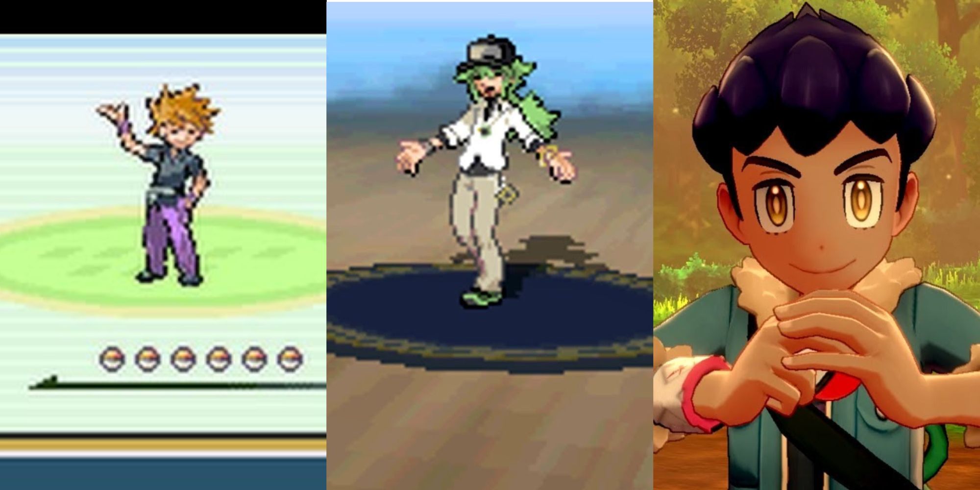 A split image of Pokemon Rivals Blue, N, and Hop