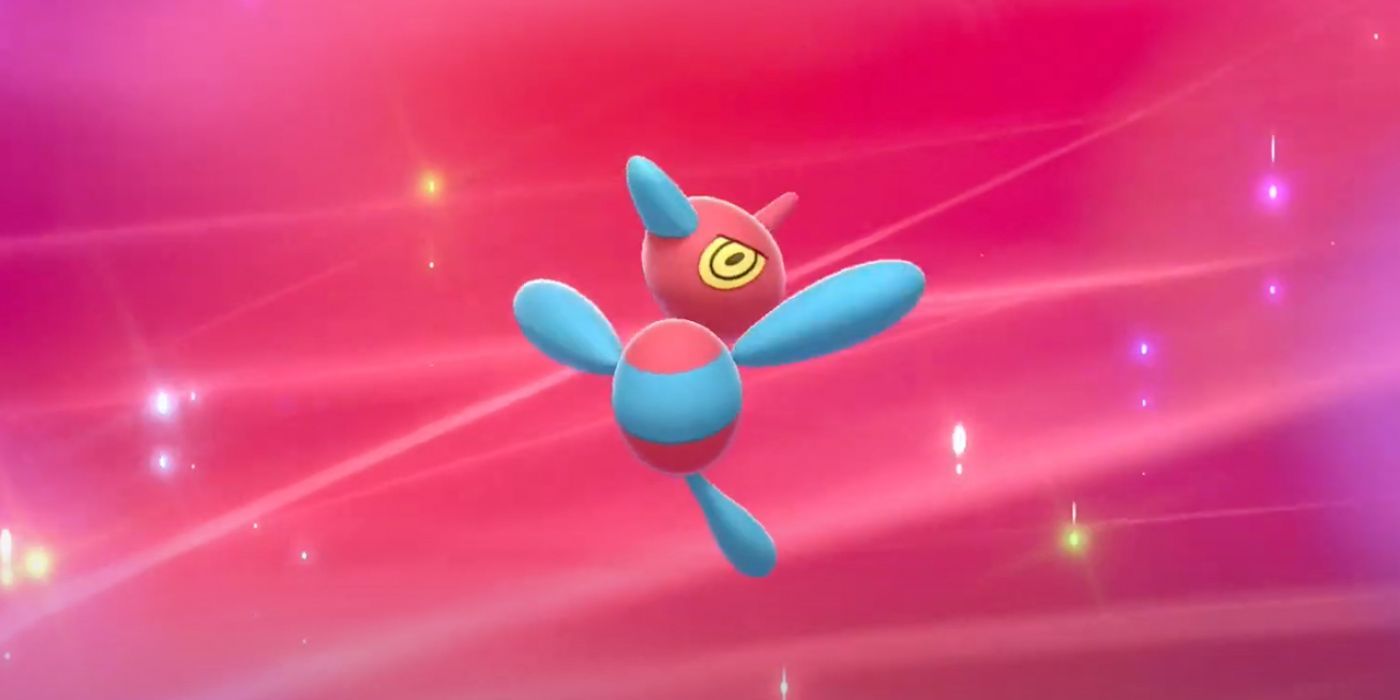 Porygon-Z de Pokémon segurando os braços erguidos após evoluir.