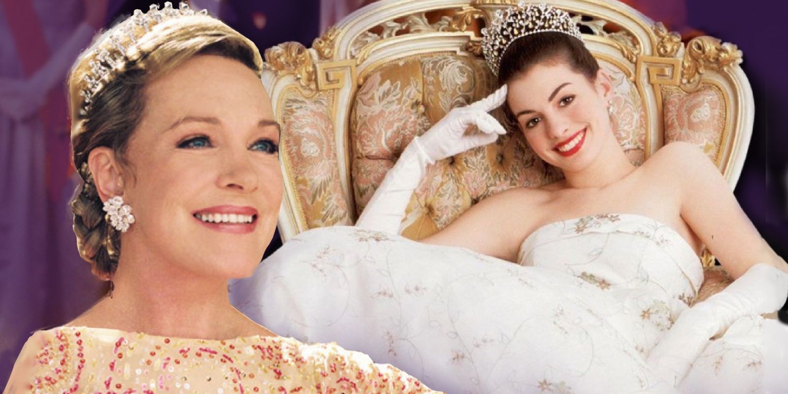 The Princess Diaries'  Mia posing in throne alongside Julie Andrew’s Queen Clarisse smiling.