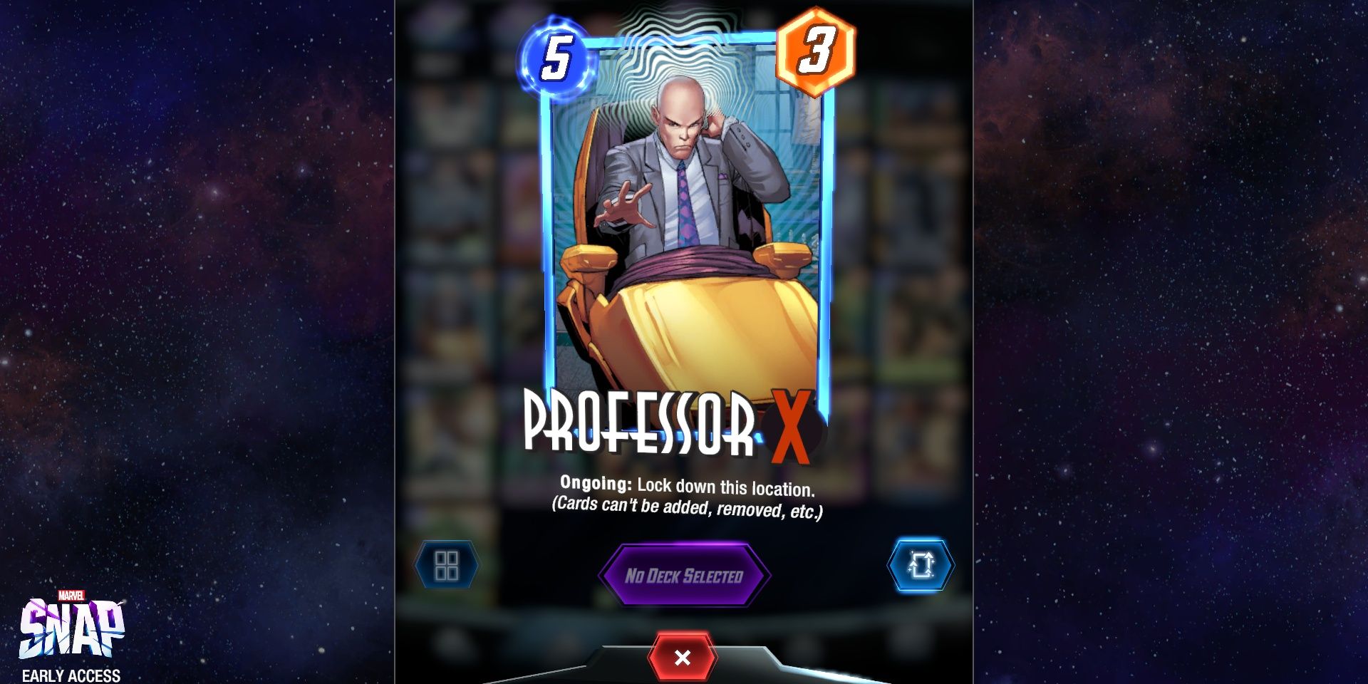 The Professor X card in Marvel Snap on top of promotional art in a split image