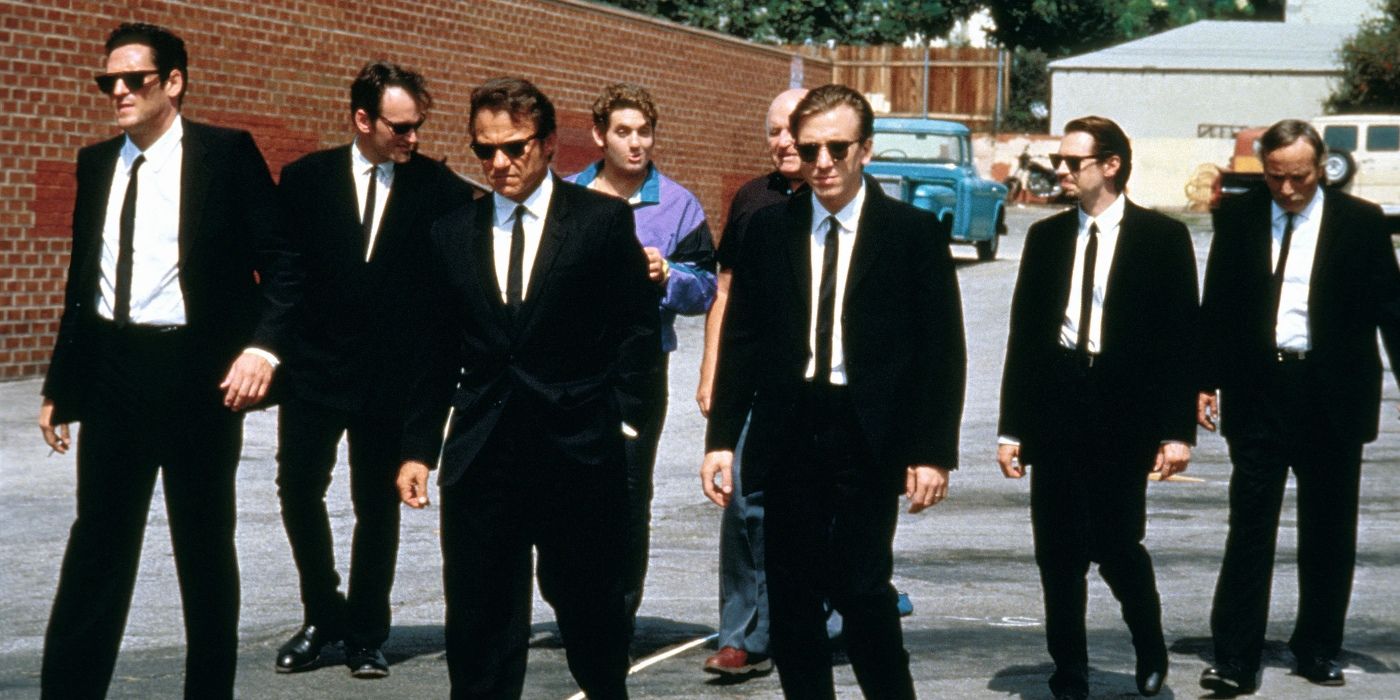 A group of gangsters leaving a diner in the Reservoir Dogs movie