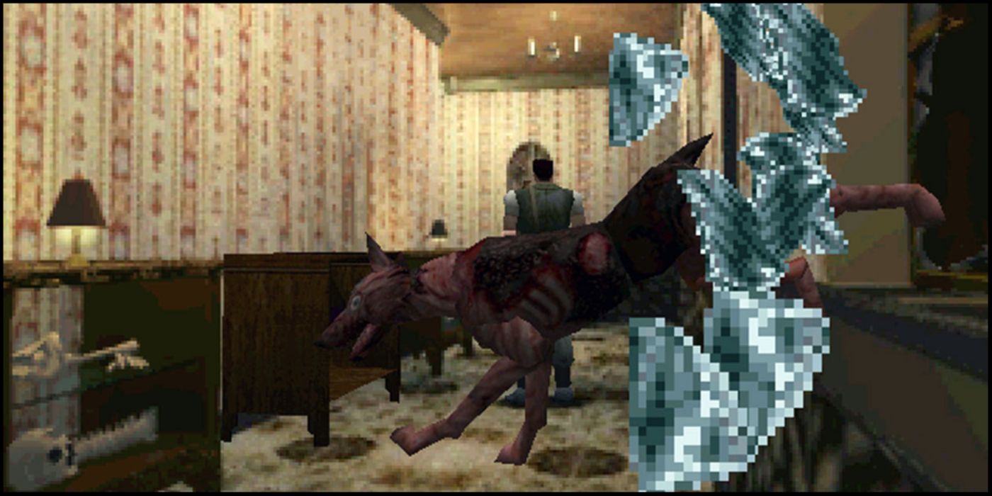 A zombie dog crashing through a window in a hallway from Resident Evil 1