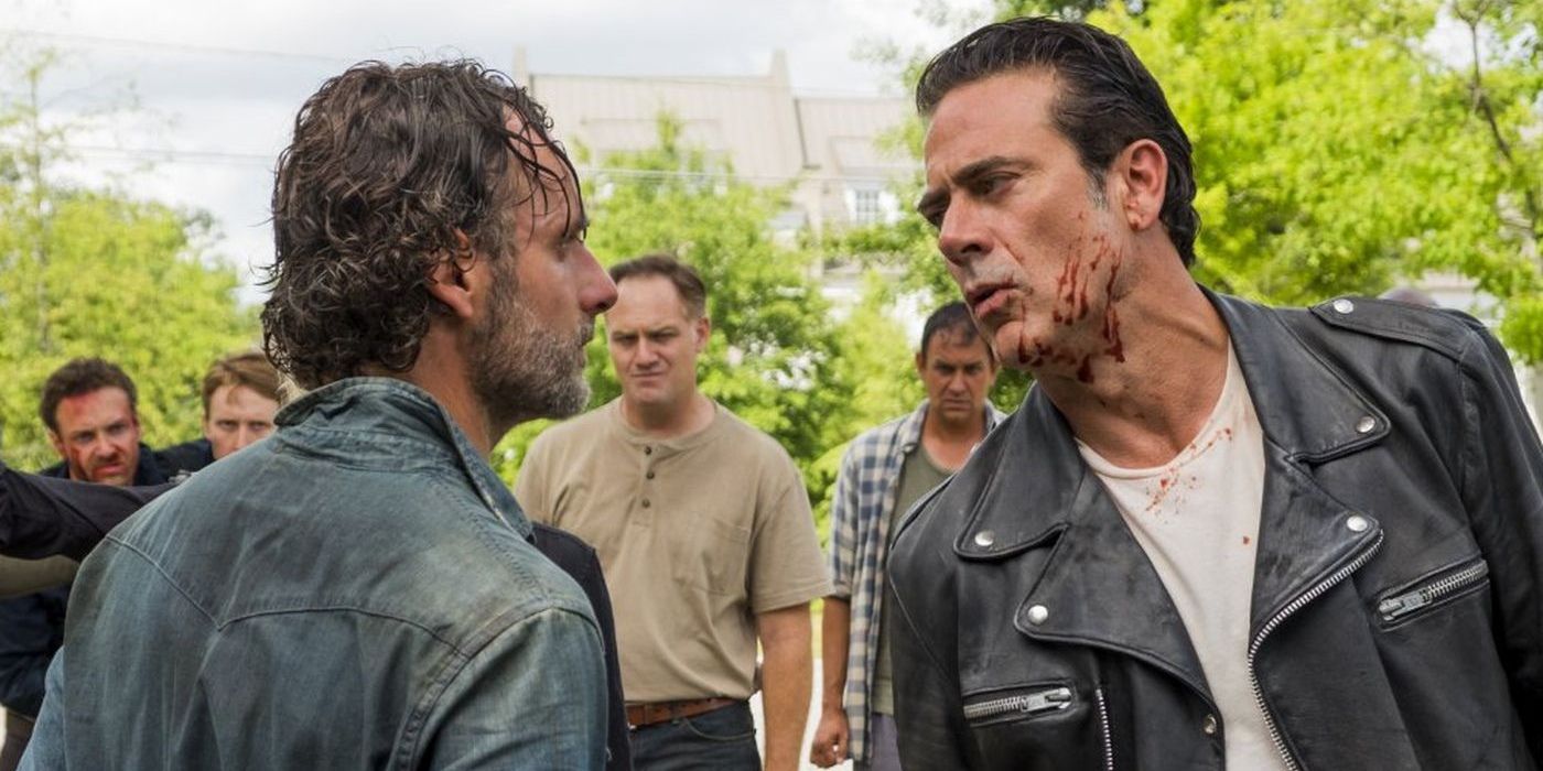 Negan humiliating Rick Grimes in The Walking Dead