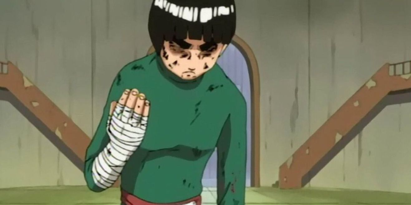 Rock Lee injured after his fight with Gaara in the Chunin Exams arc of Naruto.