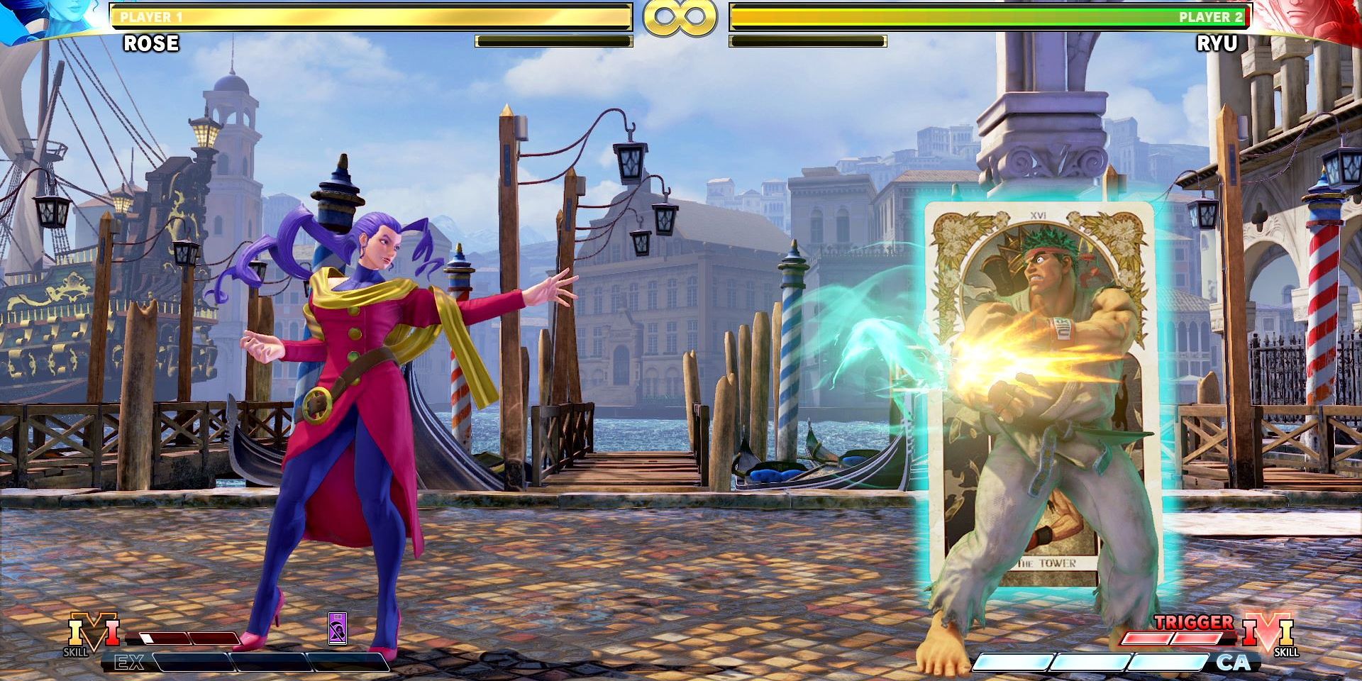 Rose hitting Ryu with her Soul Fortune card in Street Fighter V