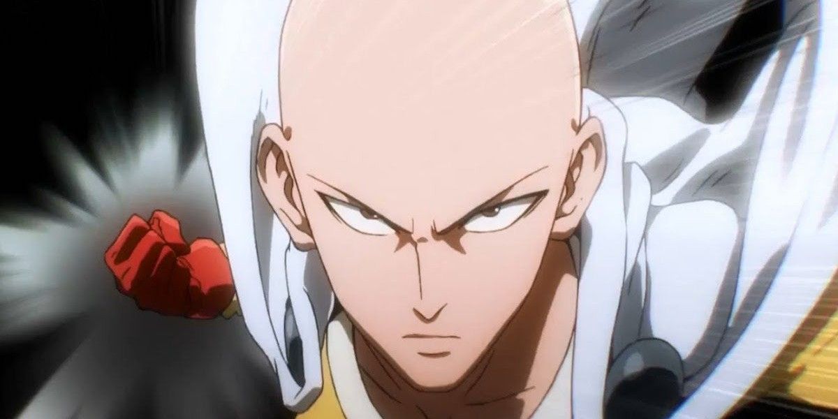 Saitama with eyes narrowed and mouth stern as he readies a punch.