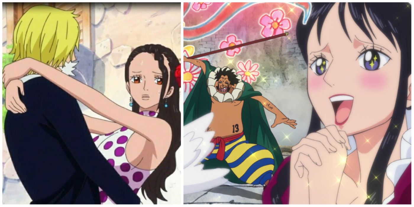 Sanji and Viola, Sai and Baby 5 One Piece split image