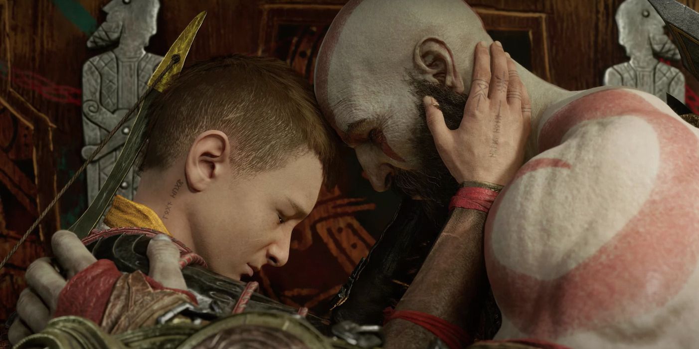 Atreus and Kratos embrace each other